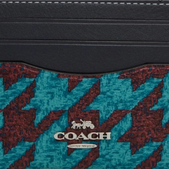 Coach Slim ID Card Case w/Houndstooth Print Teal/Wine/Silver, NWT - Picture 4 of 8